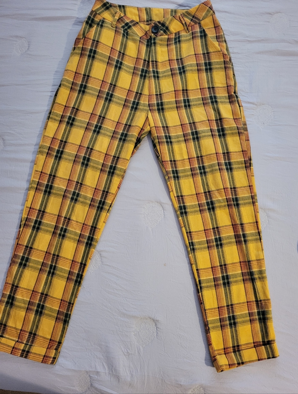 SHEIN Yellow Plaid Button-Front Cropped Trousers, EUC, Small